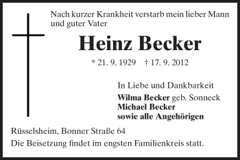 Traueranzeige von Heinz Becker von Rüsselsheimer Echo, Groß-Gerauer-Echo, Ried Echo