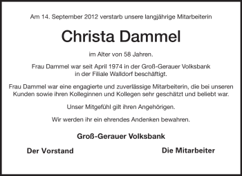Traueranzeige von Christa Dammel von Rüsselsheimer Echo, Groß-Gerauer-Echo, Ried Echo