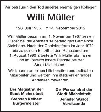 Traueranzeige von Willi Müller von Odenwälder Echo