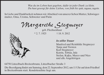 Traueranzeige von Margarethe Stegmeyer von Odenwälder Echo