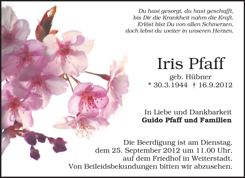  Traueranzeige für Iris Pfaff vom 20.09.2012 aus Echo-Zeitungen (Gesamtausgabe)