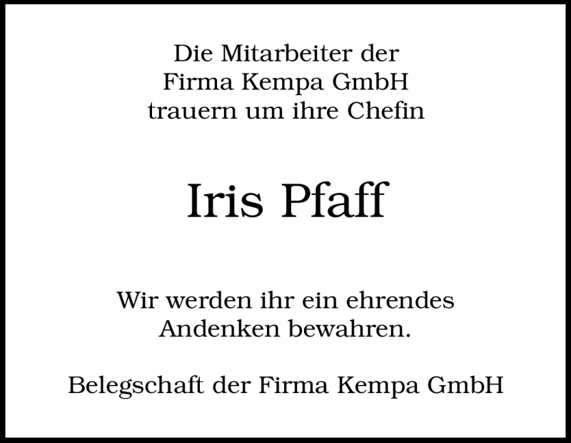  Traueranzeige für Iris Pfaff vom 20.09.2012 aus Echo-Zeitungen (Gesamtausgabe)