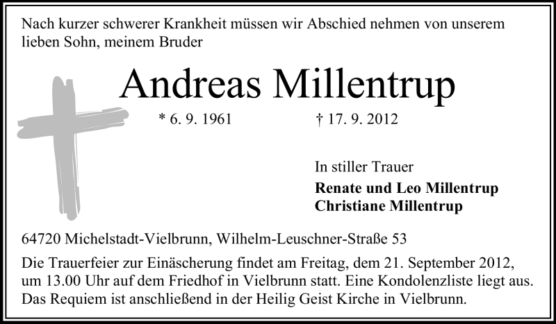  Traueranzeige für Andreas Millentrup vom 19.09.2012 aus Odenwälder Echo