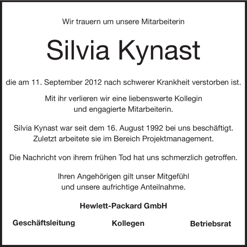  Traueranzeige für Silvia Kynast vom 21.09.2012 aus Echo-Zeitungen (Gesamtausgabe)