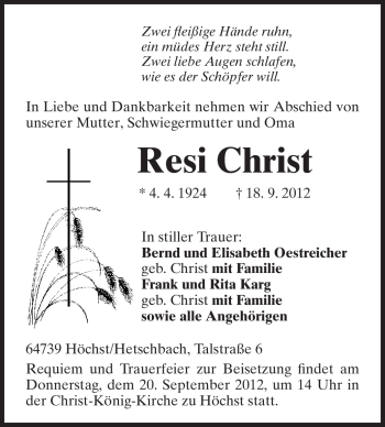 Traueranzeige von Resi Christ von Odenwälder Echo