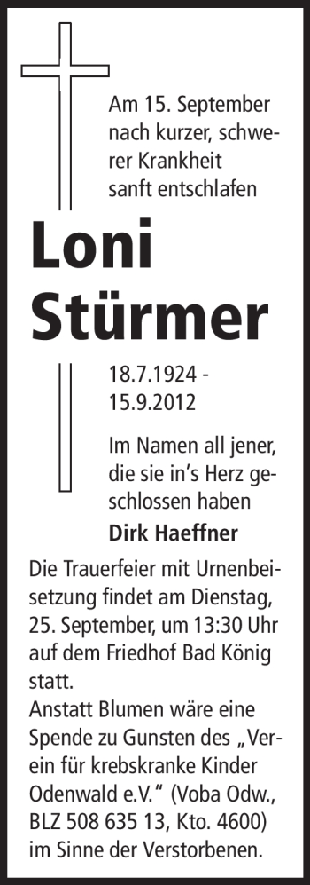 Traueranzeige von Loni Stürmer von Odenwälder Echo