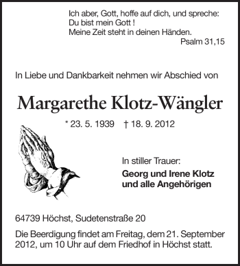 Traueranzeige von Margarethe Klotz-Wängler von Echo-Zeitungen (Gesamtausgabe)