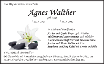 Traueranzeige von Agnes Walther von Odenwälder Echo