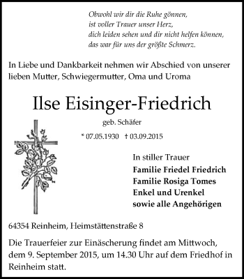 Traueranzeige von Ilse Eisinger-Friedrich von trauer.echo-online.de