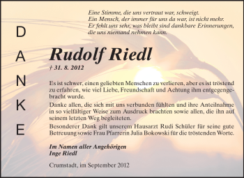 Traueranzeige von Rudolf Riedl von Rüsselsheimer Echo, Groß-Gerauer-Echo, Ried Echo
