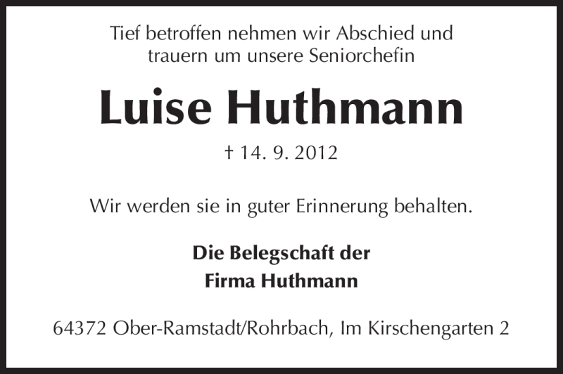  Traueranzeige für Luise Huthmann vom 21.09.2012 aus Echo-Zeitungen (Gesamtausgabe)