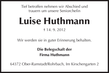 Traueranzeige von Luise Huthmann von Echo-Zeitungen (Gesamtausgabe)