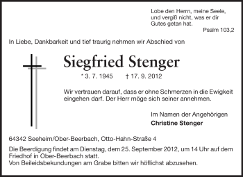 Traueranzeige von Siegfried Stenger von Echo-Zeitungen (Gesamtausgabe)