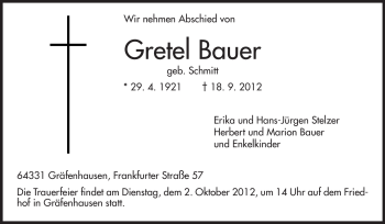Traueranzeige von Gretel Bauer von Echo-Zeitungen (Gesamtausgabe)