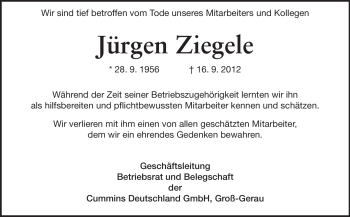 Traueranzeige von Jürgen Ziegele von Rüsselsheimer Echo, Groß-Gerauer-Echo, Ried Echo