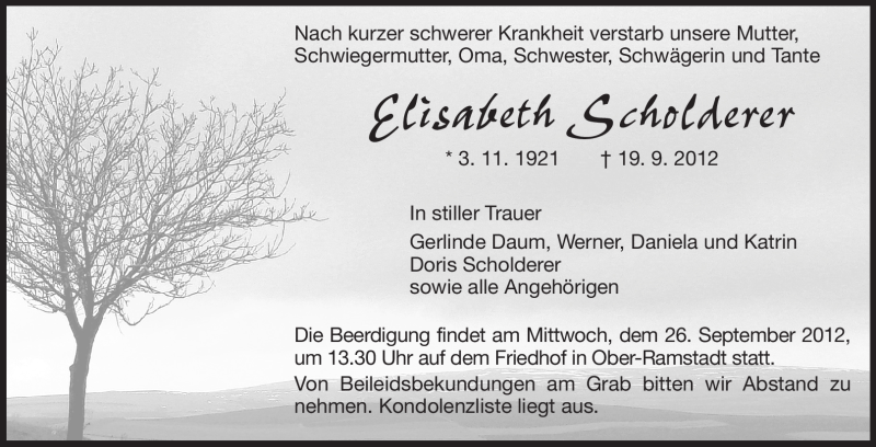  Traueranzeige für Elisabeth Scholderer vom 22.09.2012 aus Echo-Zeitungen (Gesamtausgabe)