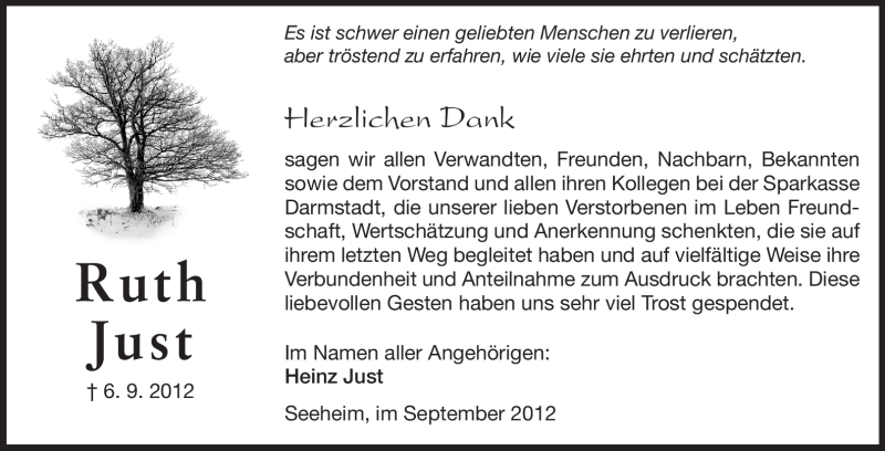  Traueranzeige für Ruth Just vom 22.09.2012 aus Echo-Zeitungen (Gesamtausgabe)