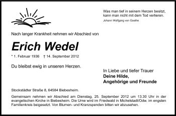 Traueranzeige von Erich Wedel von Rüsselsheimer Echo, Groß-Gerauer-Echo, Ried Echo