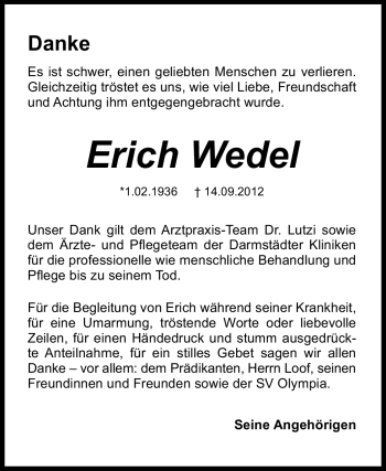 Traueranzeige von Erich Wedel von Rüsselsheimer Echo, Groß-Gerauer-Echo, Ried Echo