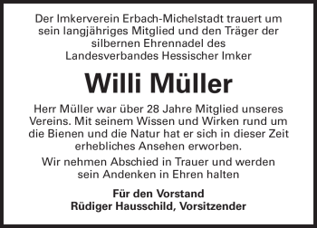 Traueranzeige von Willi Müller von Odenwälder Echo