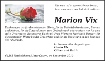 Traueranzeige von Marion Vix von Odenwälder Echo