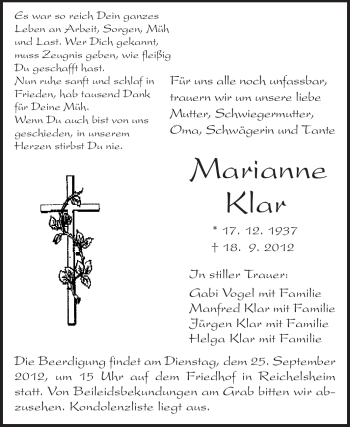 Traueranzeige von Marianne Klar von Odenwälder Echo