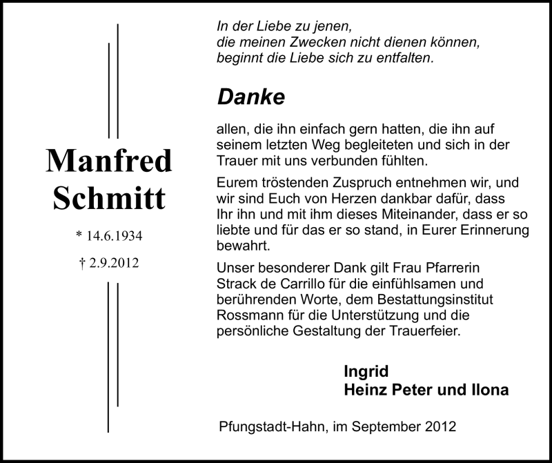  Traueranzeige für Manfred Schmitt vom 22.09.2012 aus Echo-Zeitungen (Gesamtausgabe)