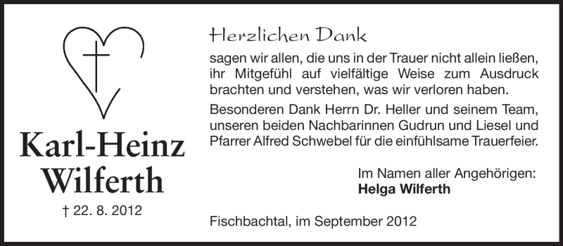  Traueranzeige für Karl-Heinz Wilferth vom 22.09.2012 aus Echo-Zeitungen (Gesamtausgabe)