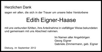 Traueranzeige von Edith Einger-Haase von Echo-Zeitungen (Gesamtausgabe)