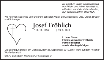 Traueranzeige von Josef Fröhlich von Rüsselsheimer Echo, Groß-Gerauer-Echo, Ried Echo