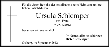 Traueranzeige von Ursula Schlemper von Odenwälder Echo