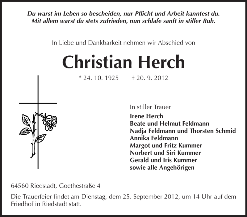  Traueranzeige für Christian Herch vom 24.09.2012 aus Echo-Zeitungen (Gesamtausgabe)