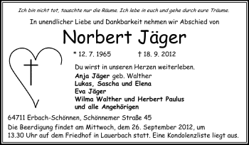 Traueranzeige von Norbert Jäger von Odenwälder Echo