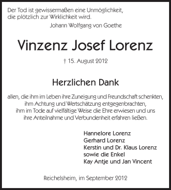 Traueranzeige von Vinzenz Josef Lorenz von Odenwälder Echo