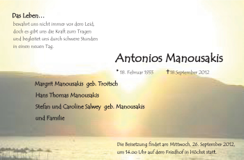 Traueranzeige von Antonios Manousakis von Odenwälder Echo