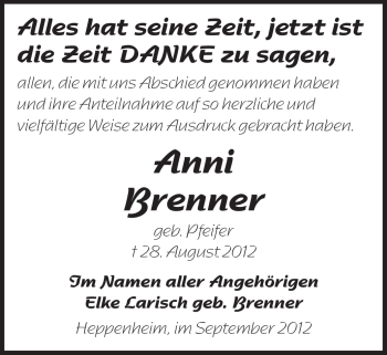 Traueranzeige von Anni Brenner von Starkenburger Echo