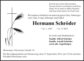 Traueranzeige von Hermann Schröder von Rüsselsheimer Echo, Groß-Gerauer-Echo, Ried Echo