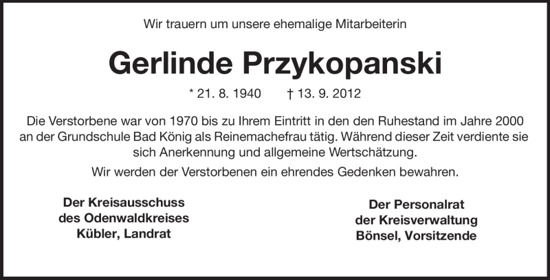  Traueranzeige für Gerlinde Przykopanski vom 25.09.2012 aus Odenwälder Echo