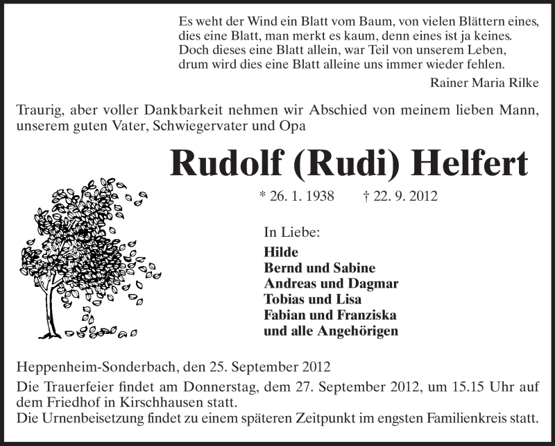  Traueranzeige für Rudolf Helfert vom 25.09.2012 aus Starkenburger Echo