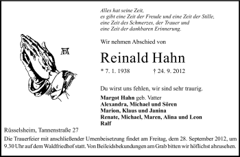 Traueranzeige von Reinald Hahn von Rüsselsheimer Echo, Groß-Gerauer-Echo, Ried Echo