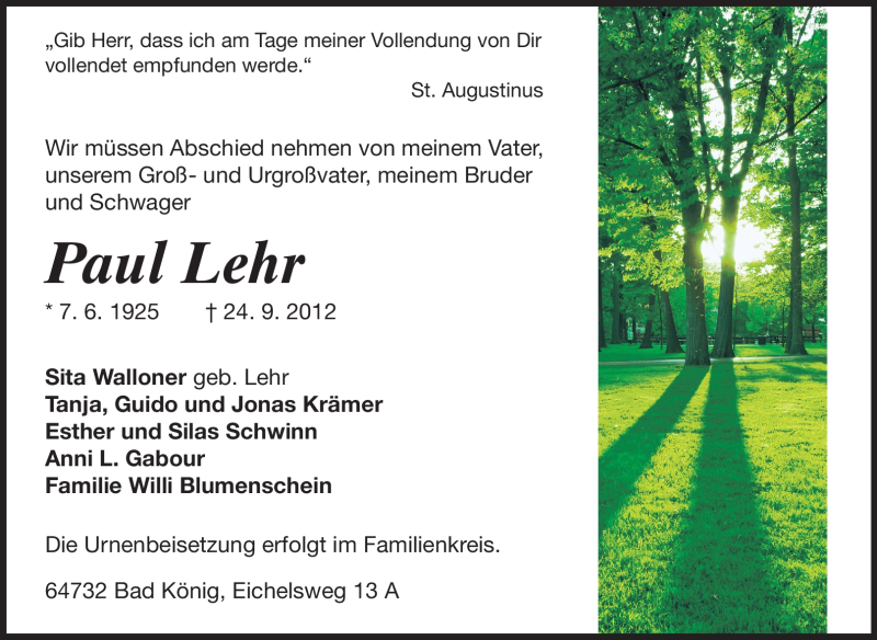  Traueranzeige für Paul Lehr vom 26.09.2012 aus Odenwälder Echo