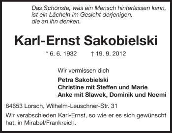 Traueranzeige von Karl-Ernst Sakobielski von Echo-Zeitungen (Gesamtausgabe)