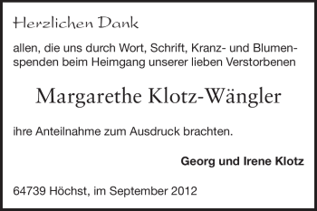 Traueranzeige von Margarethe Klotz-Wängler von Darmstädter Echo, Odenwälder Echo, Rüsselsheimer Echo, Groß-Gerauer-Echo, Ried Echo