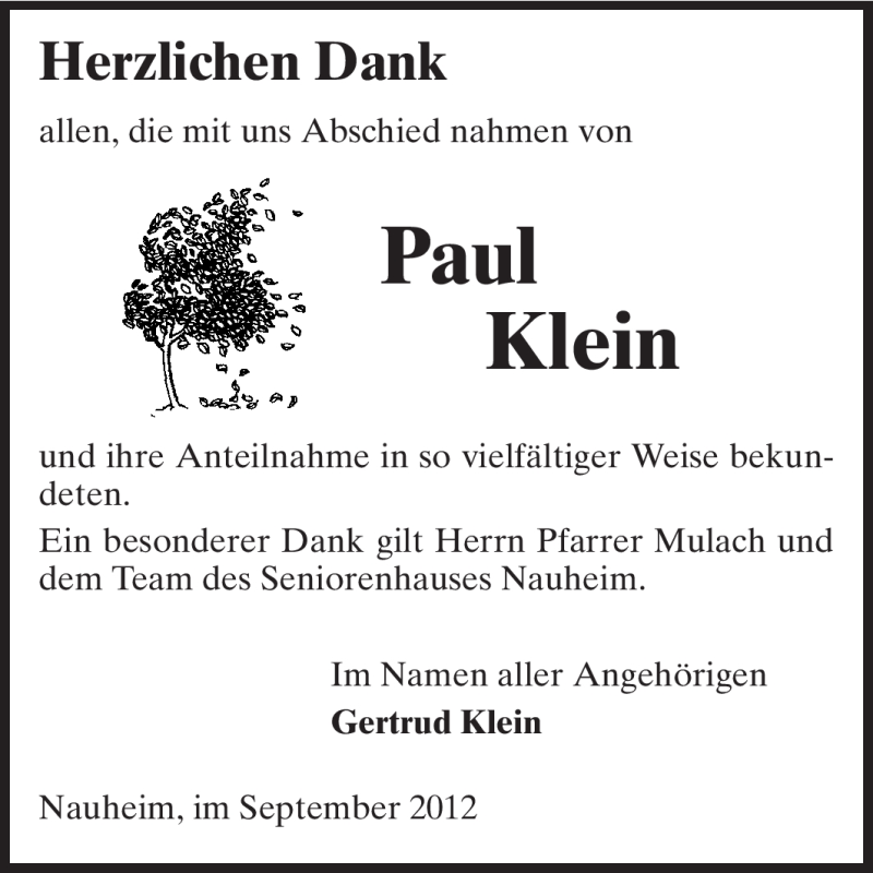  Traueranzeige für Paul Klein vom 29.09.2012 aus Rüsselsheimer Echo, Groß-Gerauer-Echo, Ried Echo