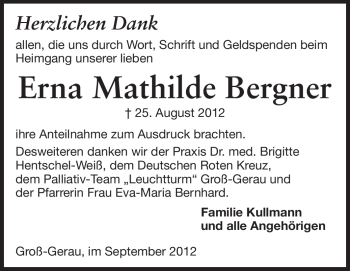 Traueranzeige von Erna Mathilde Bergner von Rüsselsheimer Echo, Groß-Gerauer-Echo, Ried Echo