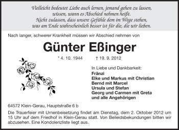 Traueranzeige von Günter Eßinger von Rüsselsheimer Echo, Groß-Gerauer-Echo, Ried Echo