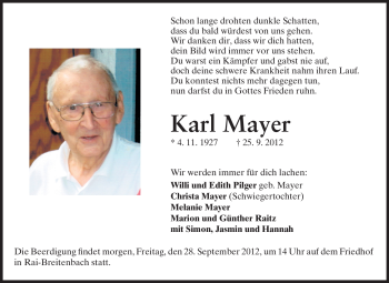 Traueranzeige von Karl Mayer von Odenwälder Echo