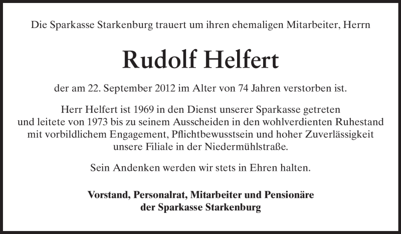  Traueranzeige für Rudolf Helfert vom 27.09.2012 aus Starkenburger Echo