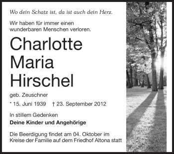 Traueranzeige von Charlotte Maria Hirschel von Odenwälder Echo
