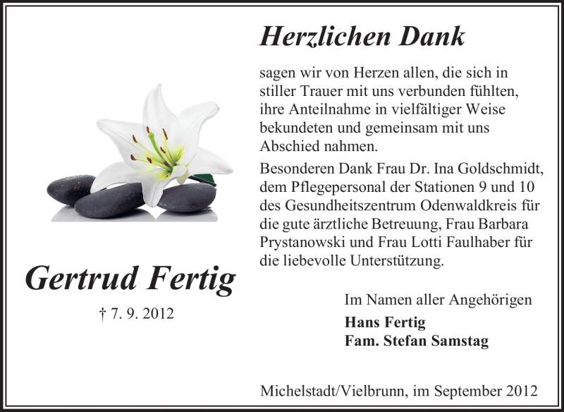  Traueranzeige für Gertrud Fertig vom 29.09.2012 aus Echo-Zeitungen (Gesamtausgabe)